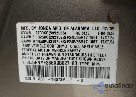 2009 Honda Pilot Ex-L из США, поврежденный, VIN 5FNYF386X9B027183